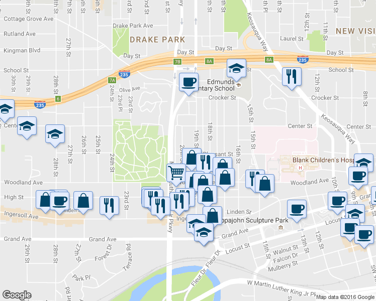 map of restaurants, bars, coffee shops, grocery stores, and more near 723 20th Street in Des Moines