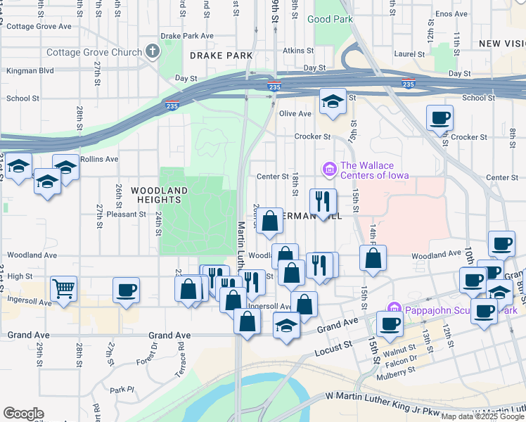 map of restaurants, bars, coffee shops, grocery stores, and more near 723 20th Street in Des Moines