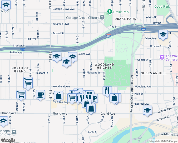 map of restaurants, bars, coffee shops, grocery stores, and more near 716 26th Street in Des Moines