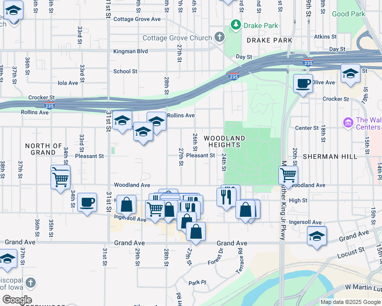 map of restaurants, bars, coffee shops, grocery stores, and more near 716 26th Street in Des Moines