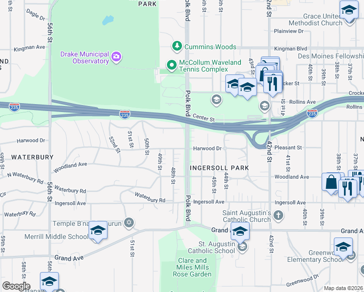 map of restaurants, bars, coffee shops, grocery stores, and more near 712 Polk Boulevard in Des Moines