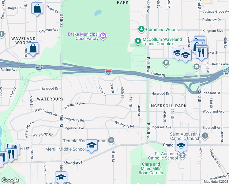 map of restaurants, bars, coffee shops, grocery stores, and more near 720 51st Street in Des Moines