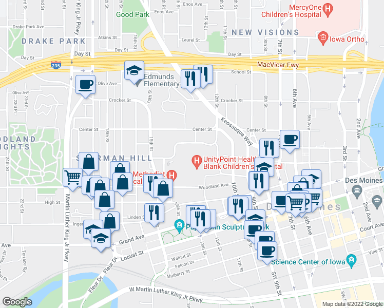 map of restaurants, bars, coffee shops, grocery stores, and more near 1212 Pleasant Street in Des Moines