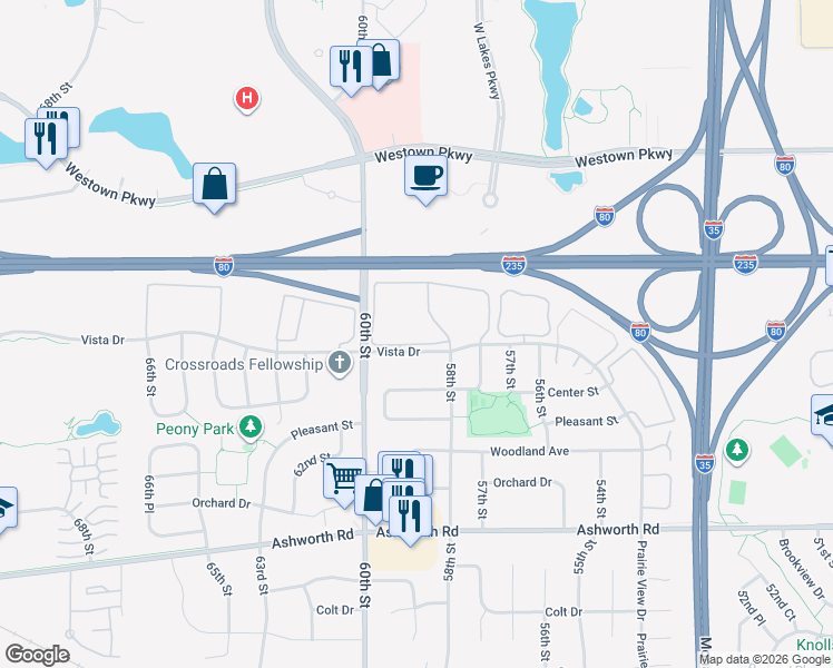 map of restaurants, bars, coffee shops, grocery stores, and more near 5881 Vista Drive in West Des Moines
