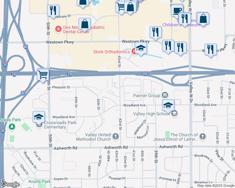 map of restaurants, bars, coffee shops, grocery stores, and more near 1340 42nd Street in West Des Moines