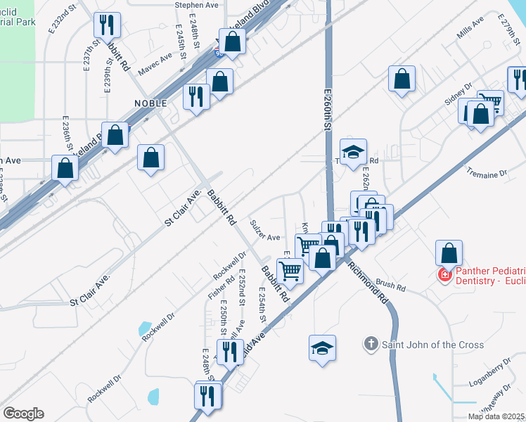 map of restaurants, bars, coffee shops, grocery stores, and more near 25541 Tungsten Road in Euclid