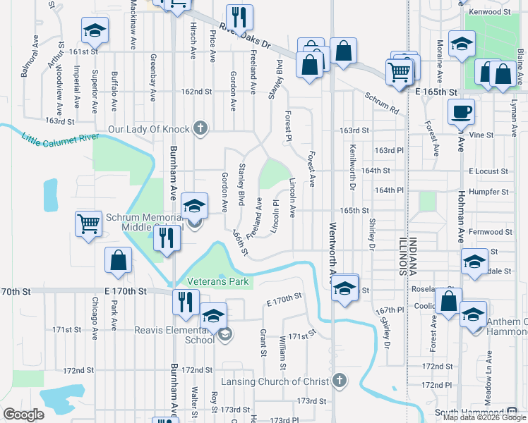 map of restaurants, bars, coffee shops, grocery stores, and more near 1489 Freeland Avenue in Calumet City