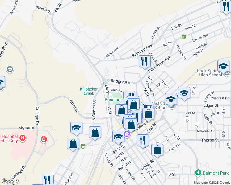 map of restaurants, bars, coffee shops, grocery stores, and more near 421 Elias Ave in Rock Springs