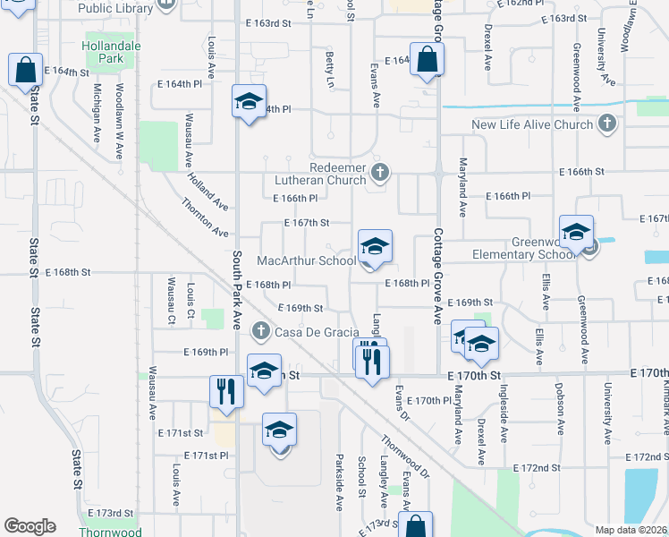 map of restaurants, bars, coffee shops, grocery stores, and more near 540 East 168th Street in South Holland