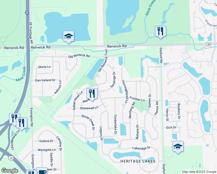 map of restaurants, bars, coffee shops, grocery stores, and more near 3719 Saratoga Drive in Joliet