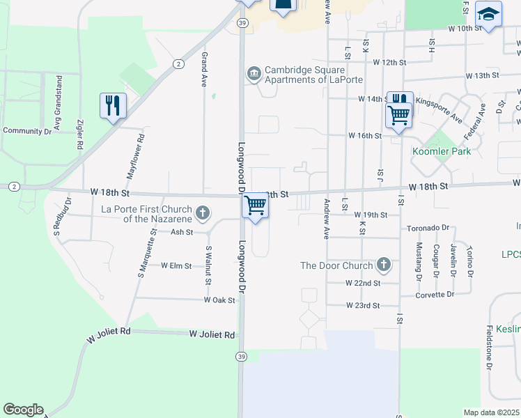 map of restaurants, bars, coffee shops, grocery stores, and more near 105 West 18th Street in La Porte