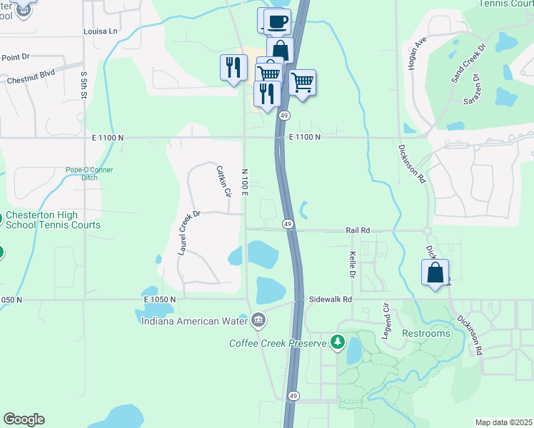 map of restaurants, bars, coffee shops, grocery stores, and more near 160 Rail Road in Chesterton