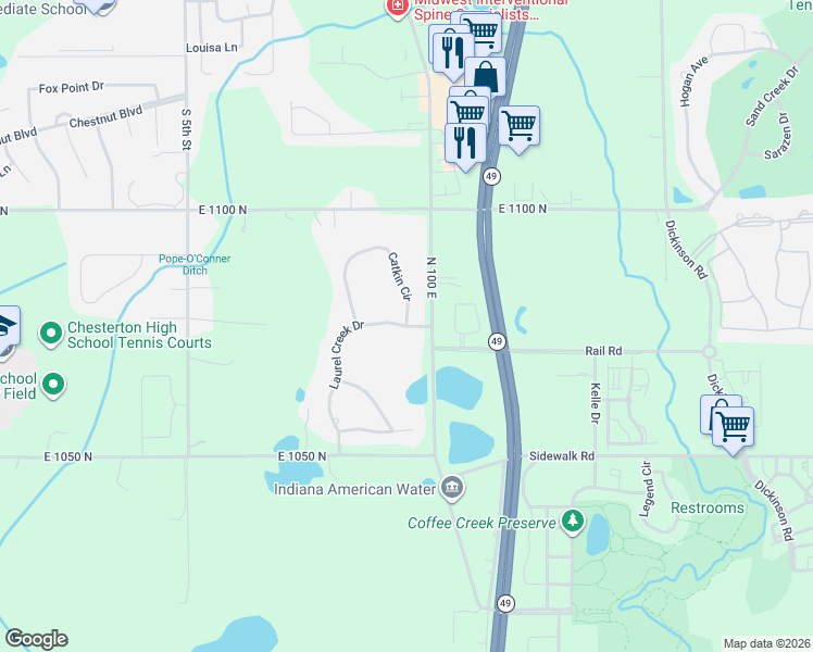 map of restaurants, bars, coffee shops, grocery stores, and more near 1800 Catkin Circle in Chesterton