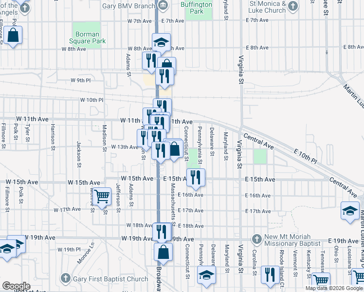 map of restaurants, bars, coffee shops, grocery stores, and more near 1152 Connecticut Street in Gary