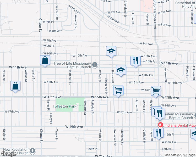 map of restaurants, bars, coffee shops, grocery stores, and more near 1228 Taft Street in Gary