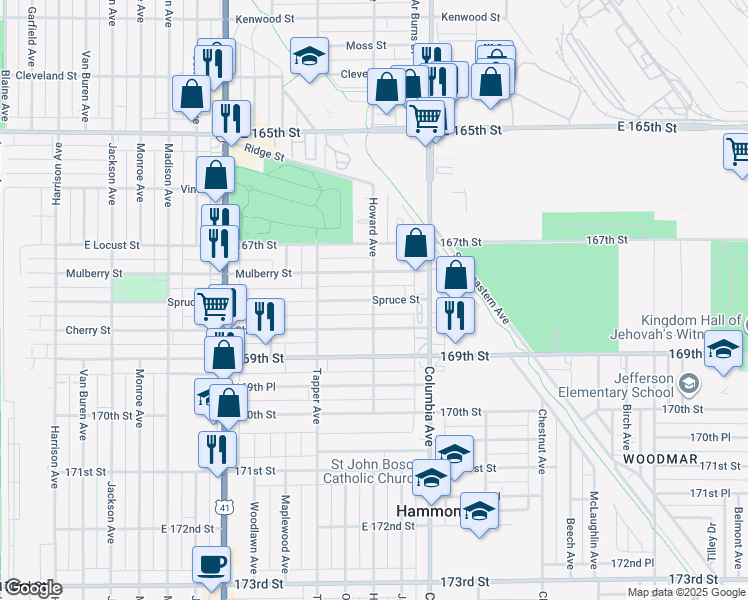 map of restaurants, bars, coffee shops, grocery stores, and more near 6799 Howard Ave in Hammond
