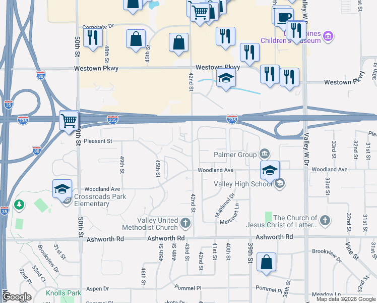 map of restaurants, bars, coffee shops, grocery stores, and more near 1340 42nd Street in West Des Moines