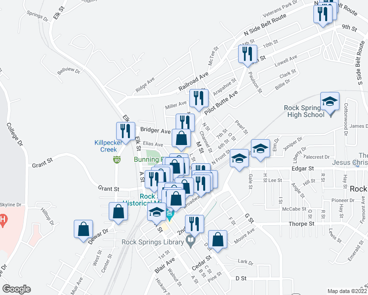 map of restaurants, bars, coffee shops, grocery stores, and more near 617 Elias Ave in Rock Springs