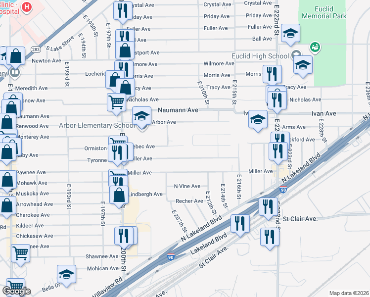 map of restaurants, bars, coffee shops, grocery stores, and more near 20871 Trebec Avenue in Cleveland