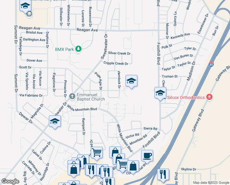 map of restaurants, bars, coffee shops, grocery stores, and more near Cache Valley Drive in Rock Springs
