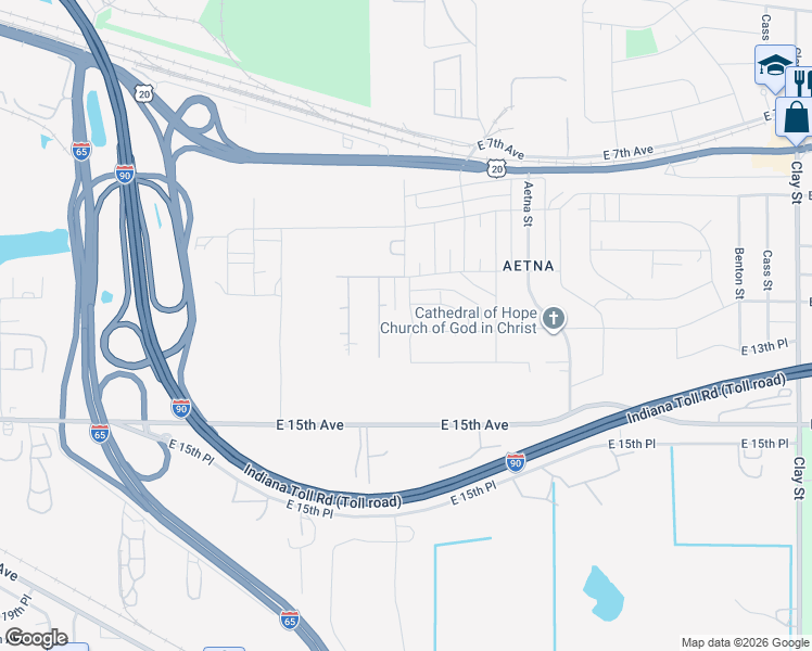 map of restaurants, bars, coffee shops, grocery stores, and more near 1260 Idaho Street in Gary