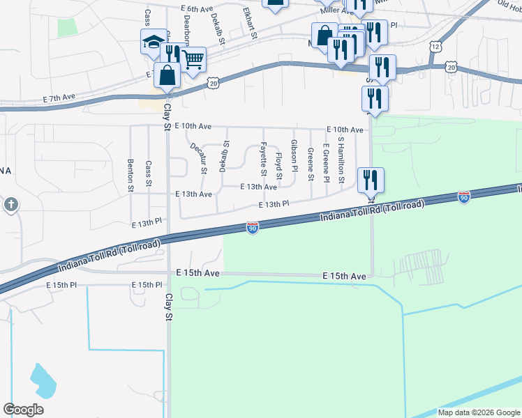 map of restaurants, bars, coffee shops, grocery stores, and more near 1314-1398 Fayette Street in Gary