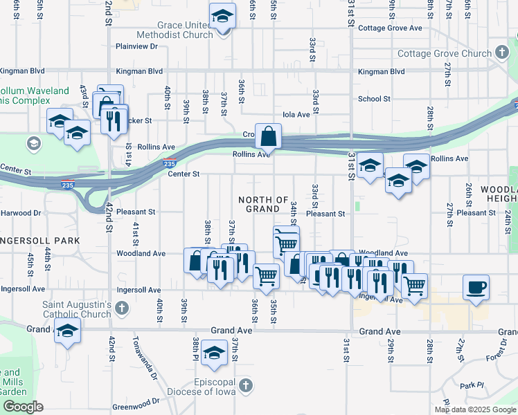 map of restaurants, bars, coffee shops, grocery stores, and more near 712 35th Street in Des Moines