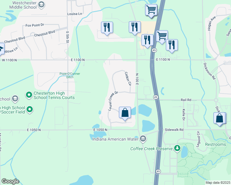 map of restaurants, bars, coffee shops, grocery stores, and more near 1001 Laurel Creek Drive in Chesterton
