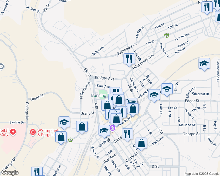 map of restaurants, bars, coffee shops, grocery stores, and more near 601-617 Elias Ave in Rock Springs