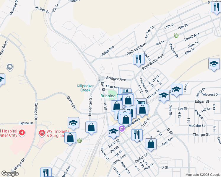 map of restaurants, bars, coffee shops, grocery stores, and more near 421 Elias Ave in Rock Springs