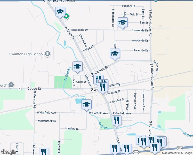 map of restaurants, bars, coffee shops, grocery stores, and more near 104 Church St in Swanton