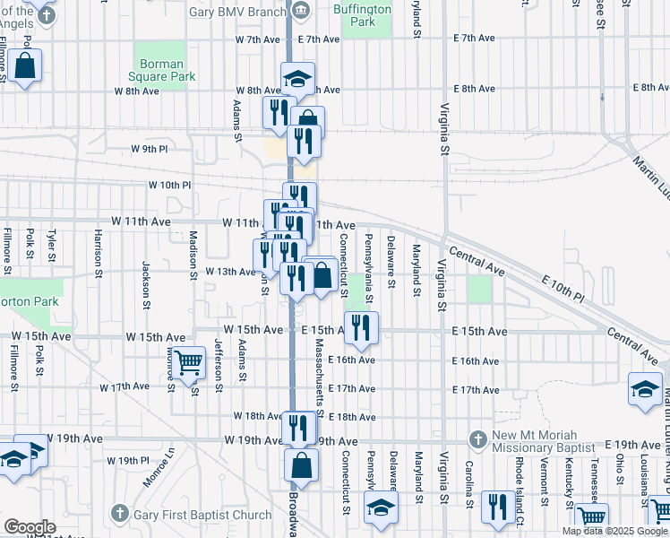 map of restaurants, bars, coffee shops, grocery stores, and more near 1152 Connecticut Street in Gary