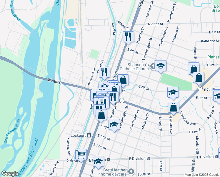 map of restaurants, bars, coffee shops, grocery stores, and more near 723 South State Street in Lockport