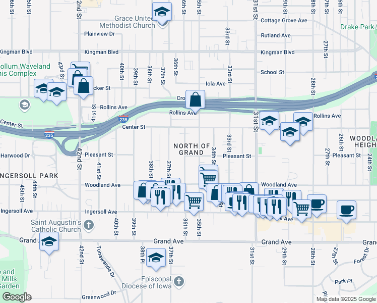 map of restaurants, bars, coffee shops, grocery stores, and more near 712 35th Street in Des Moines