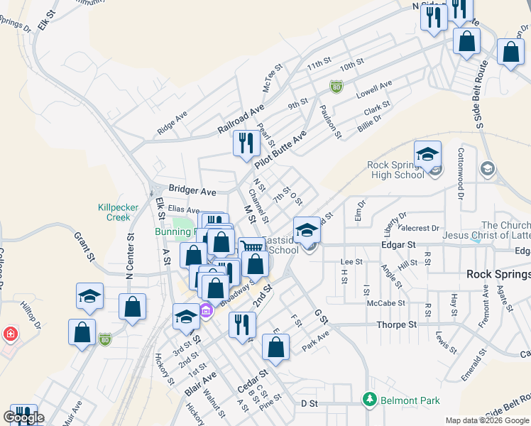 map of restaurants, bars, coffee shops, grocery stores, and more near 844 7th Street in Rock Springs