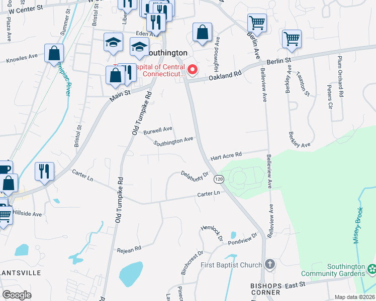 map of restaurants, bars, coffee shops, grocery stores, and more near 130 Southington Avenue in Southington
