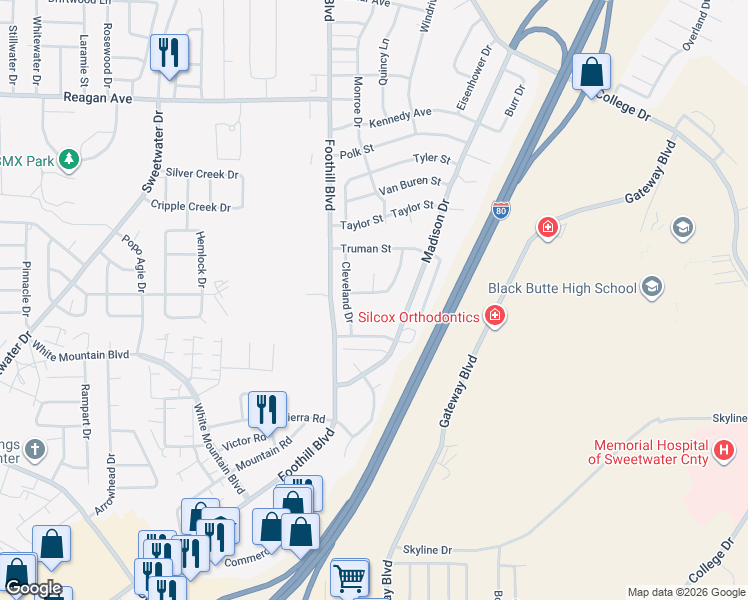 map of restaurants, bars, coffee shops, grocery stores, and more near 1001-1099 Harrison Drive in Rock Springs