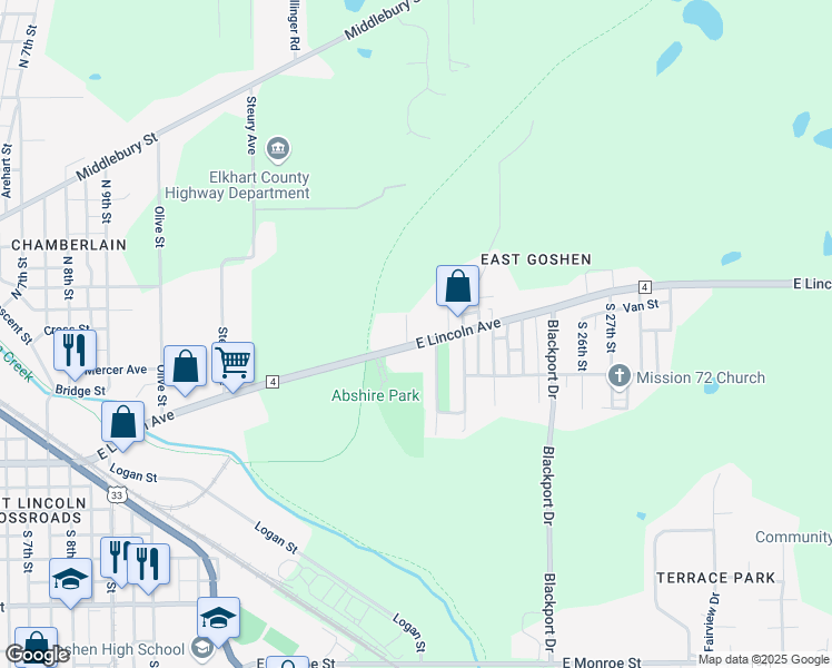 map of restaurants, bars, coffee shops, grocery stores, and more near 1403 East Lincoln Avenue in Goshen