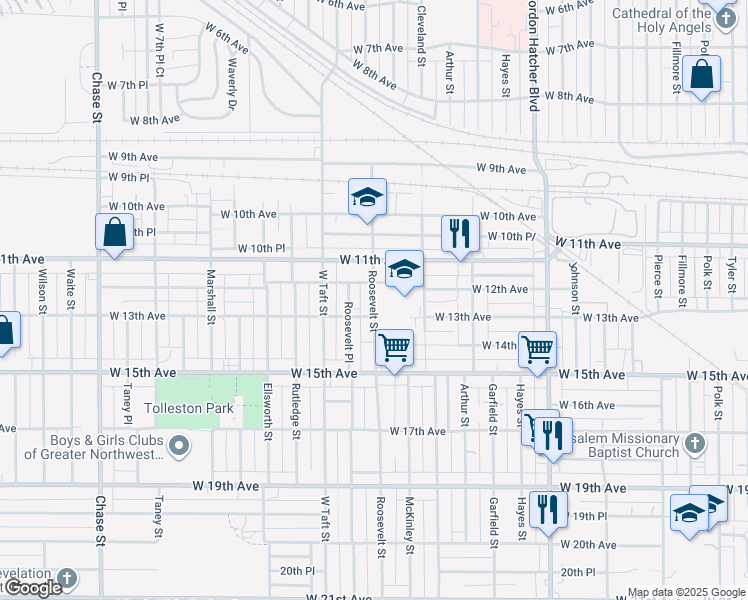 map of restaurants, bars, coffee shops, grocery stores, and more near 1225 Roosevelt Street in Gary