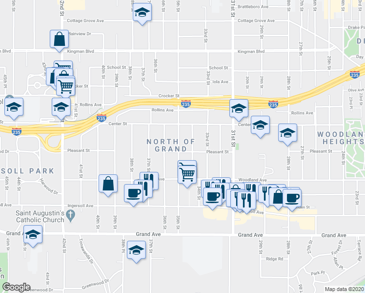 map of restaurants, bars, coffee shops, grocery stores, and more near 712 35th Street in Des Moines