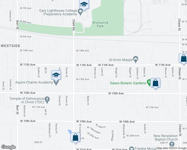 map of restaurants, bars, coffee shops, grocery stores, and more near 1156 Morton Street in Gary