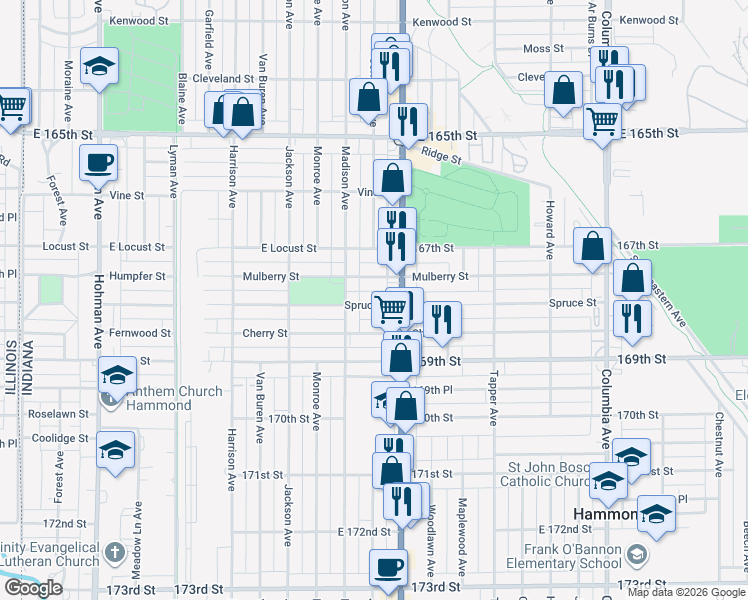 map of restaurants, bars, coffee shops, grocery stores, and more near 727 Spruce Street in Hammond