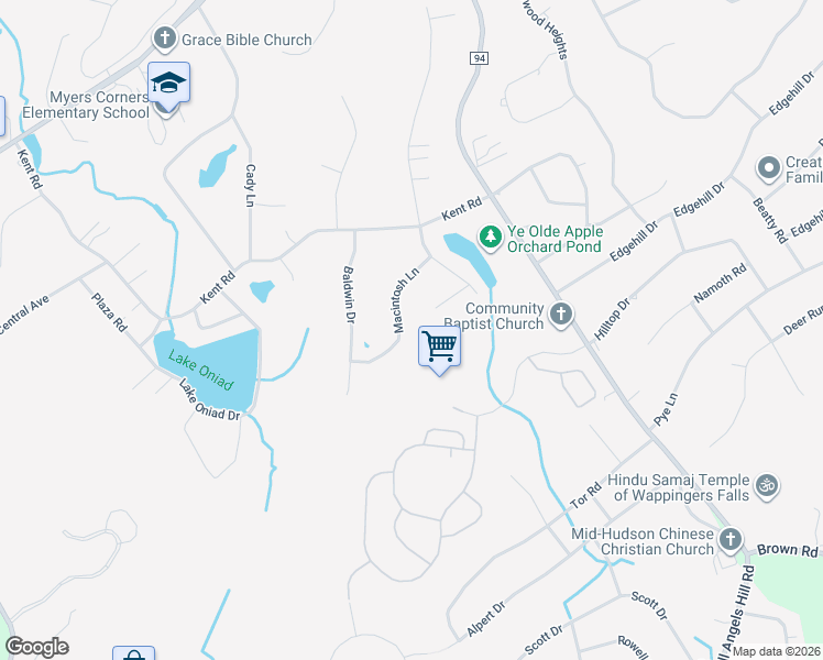 map of restaurants, bars, coffee shops, grocery stores, and more near 11 Crabapple Court in Wappingers Falls