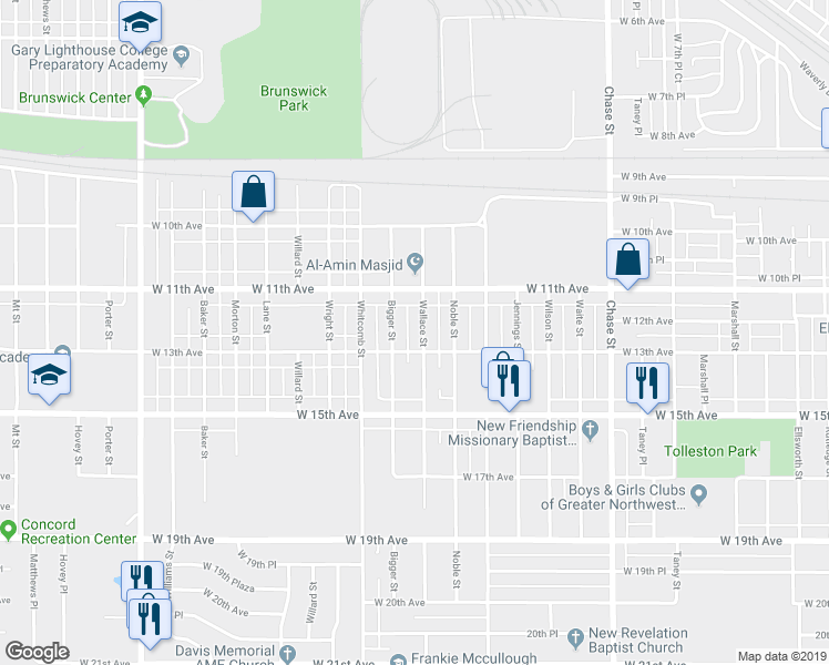 map of restaurants, bars, coffee shops, grocery stores, and more near 1156 Wallace Street in Gary