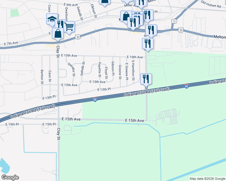 map of restaurants, bars, coffee shops, grocery stores, and more near 5525 East 13th Place in Gary