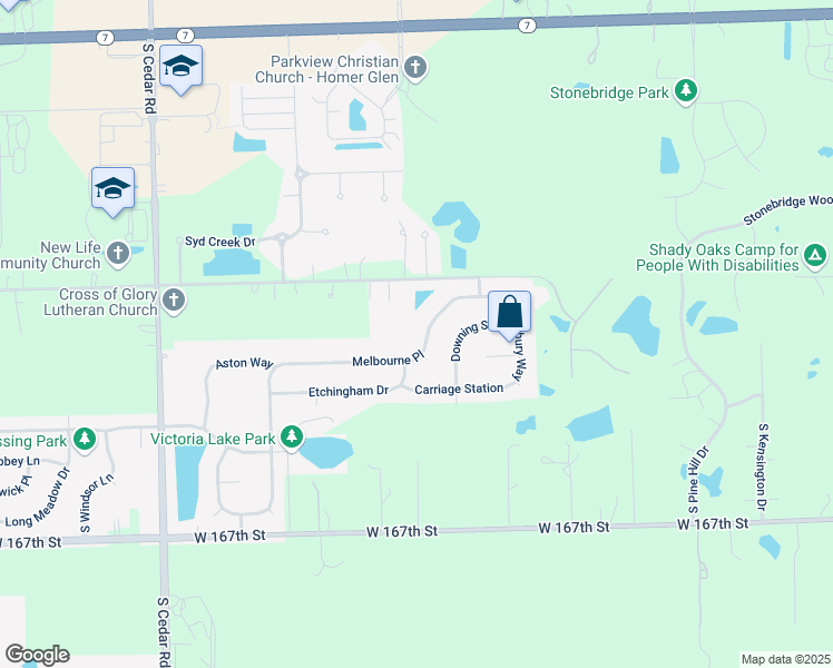 map of restaurants, bars, coffee shops, grocery stores, and more near 14331 Melbourne Place in Lockport