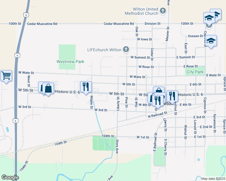 map of restaurants, bars, coffee shops, grocery stores, and more near 609 West 5th Street in Wilton