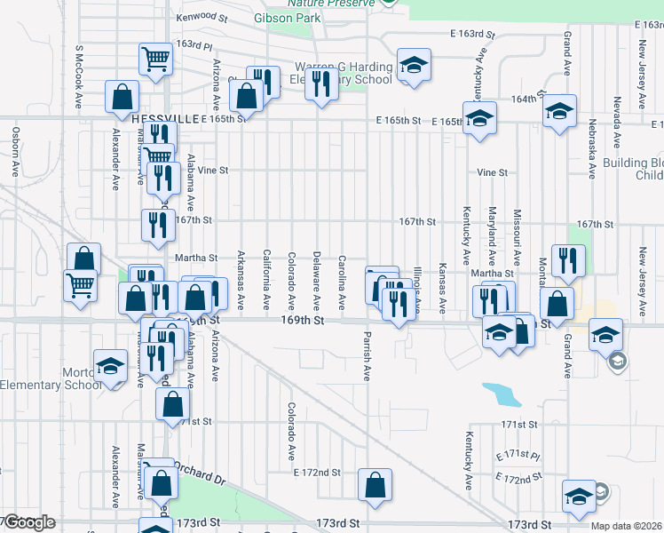 map of restaurants, bars, coffee shops, grocery stores, and more near 6808 Carolina Avenue in Hammond