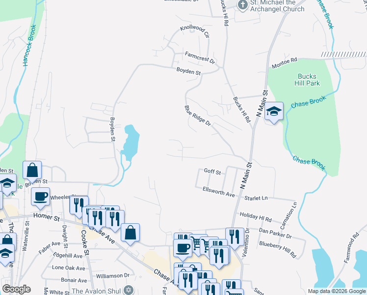 map of restaurants, bars, coffee shops, grocery stores, and more near 1 Destiny Circle in Waterbury
