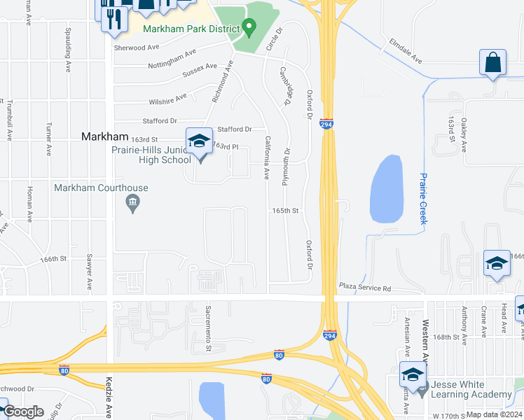 map of restaurants, bars, coffee shops, grocery stores, and more near 16452 California Avenue in Markham